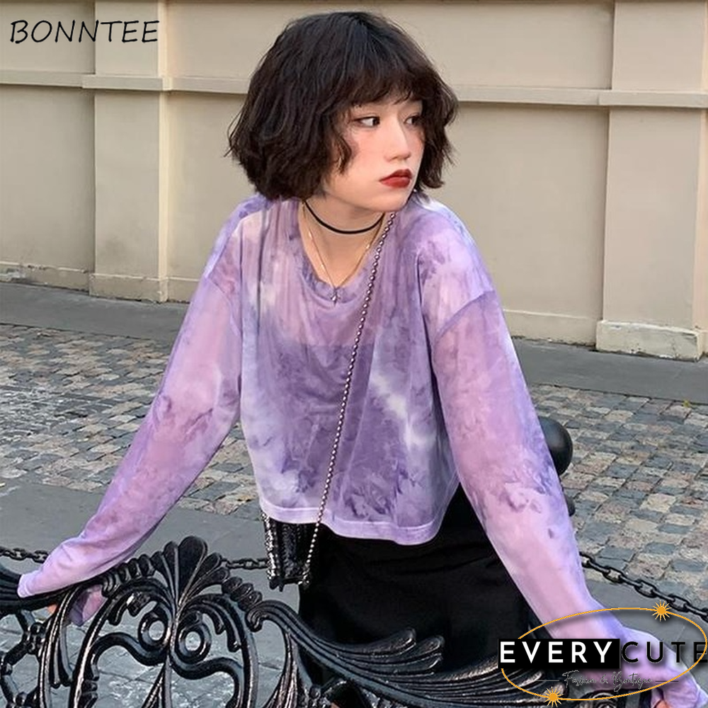 Long Sleeve T-Shirts Women Tie Dye Cropped Translucent Loose College Sun-Proof Fashion Summer Thin Tops Design All-Match Mujer