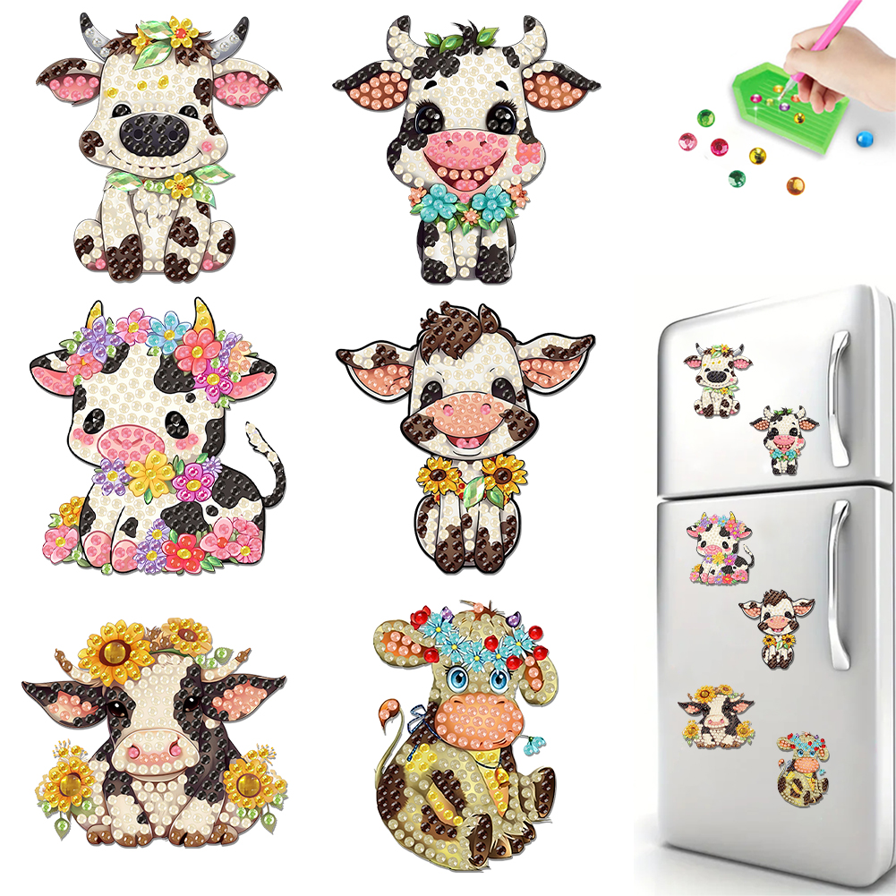 6Pcs Acrylic Cute Cow Diamond Painting Fridge Magnet for Adults Beginners