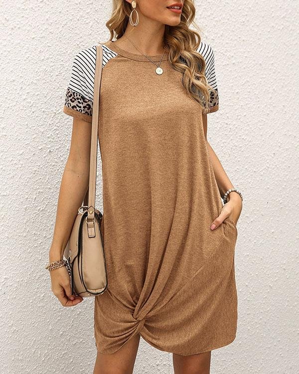 Women Stripe Leopard Contrast Casual Short Sleeve Mini Dress