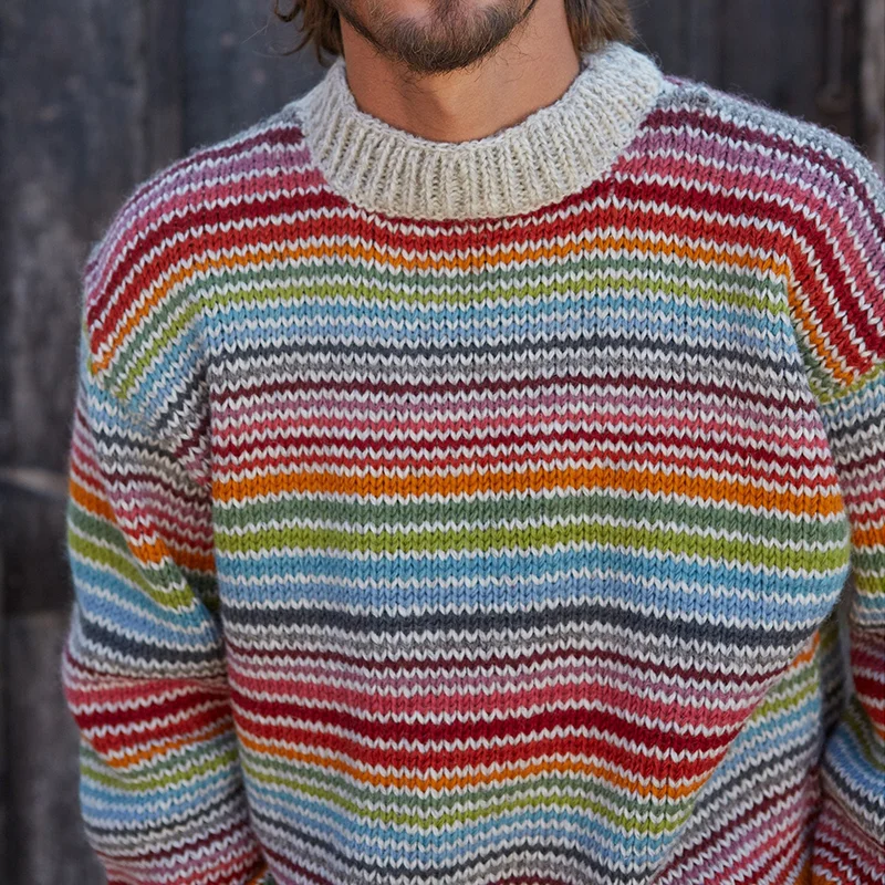 Vintage Rainbow Stripe Knit Jacquard Crew Neck Sweater