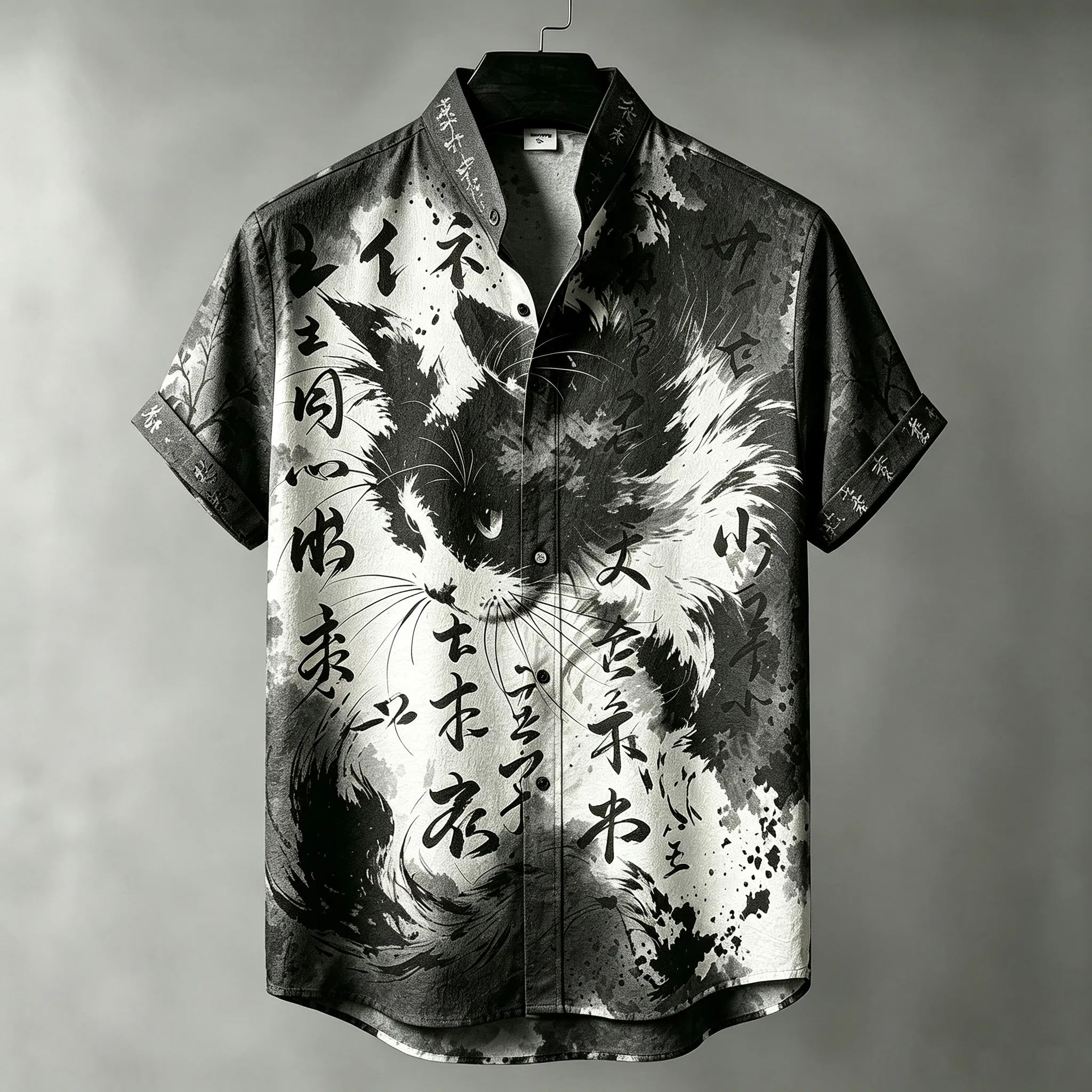 Men's Japanese Art Cat And Ink Painting Print Short-sleeve Shirt  artssus