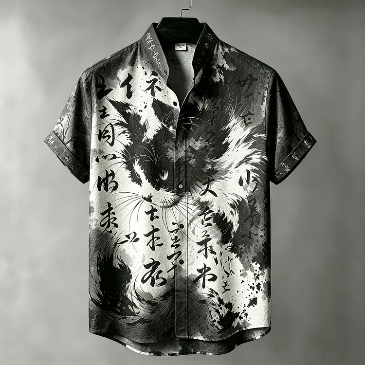Men's Japanese Art Cat And Ink Painting Print Short-sleeve Shirt