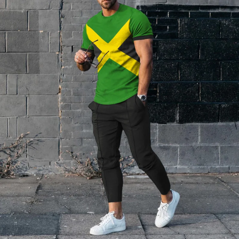 Reggae Jamaica Print Casual T-Shirt And Pants Two Piece Set