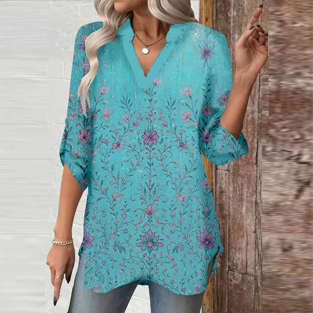 Women Glitter,Floral,Blue DZGA0004 3/4 Sleeve V-neck Printed Graphic Button Tops