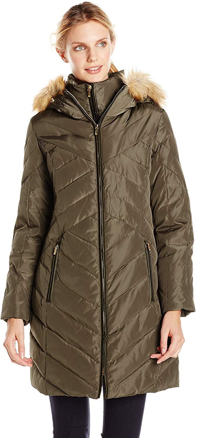 Women's Down Coat with Faux Fur-Trimmed Hood