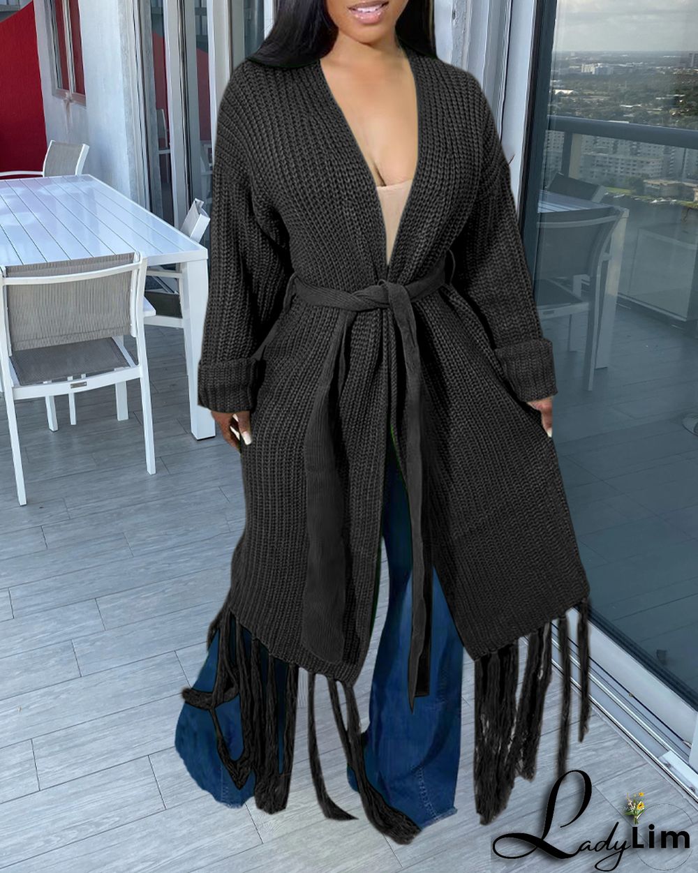 Women Long Sleeve Fringe Cardigan Sweater