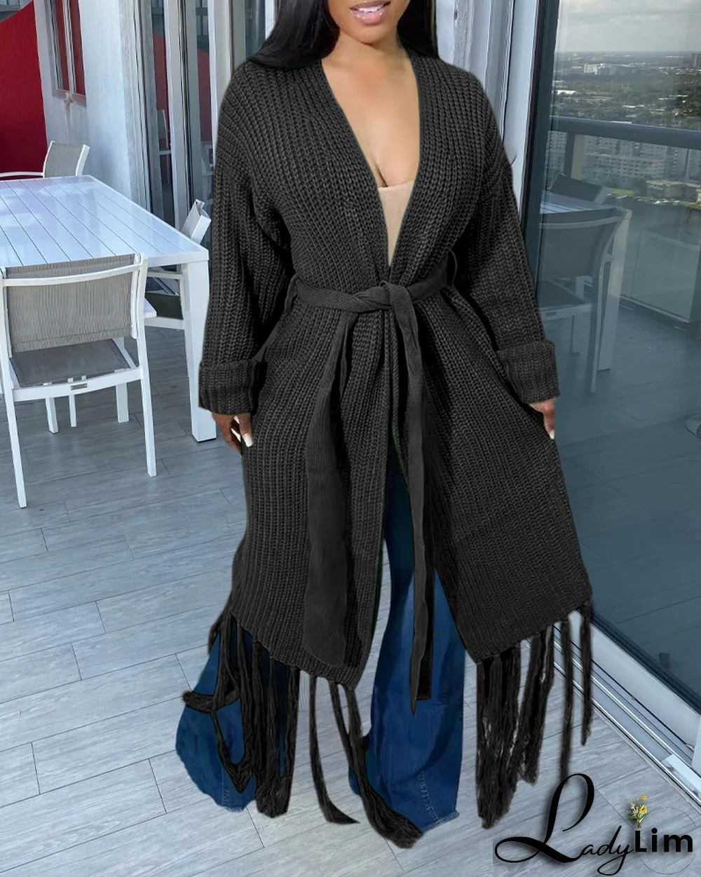 Women Long Sleeve Fringe Cardigan Sweater