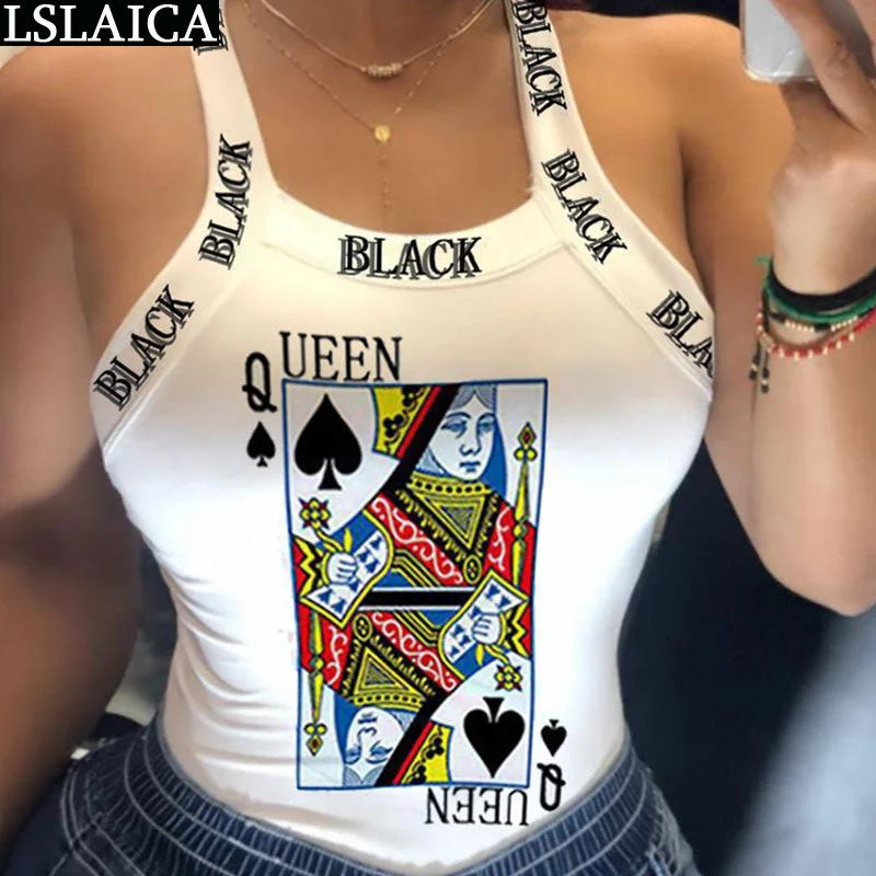Crop Top White Letter Poker Print Backless Criss-cross Sexy Top Streetwear Fashion Evening Party Night Club Ladies Tank Tops