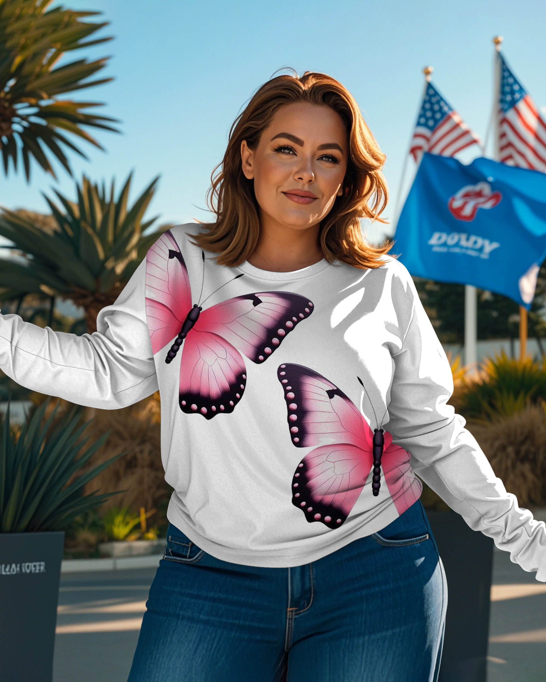 Women's Plus Size White & Pink Butterfly Crewneck Long Sleeve T-Shirt