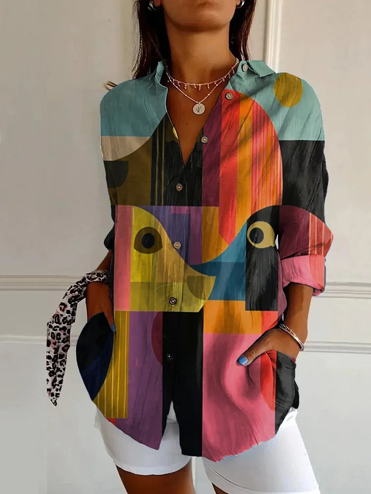 Retro Abstract Dog Art Print Casual Long Sleeve Shirt