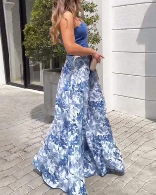 ONE-SHOULDER PUFF-SLEEVE PRINTED TROUSERS TWO-PIECE