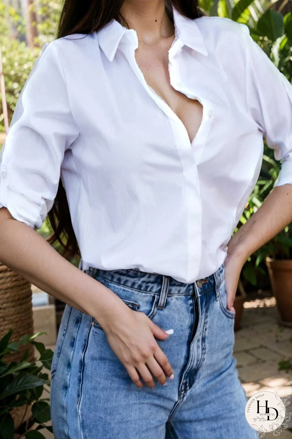 simple long sleeve v neck button blouses