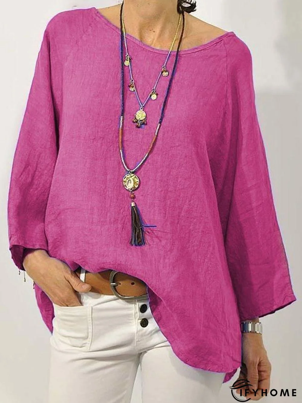 Women Solid Long Sleeve Linen Daily Casual Top | IFYHOME