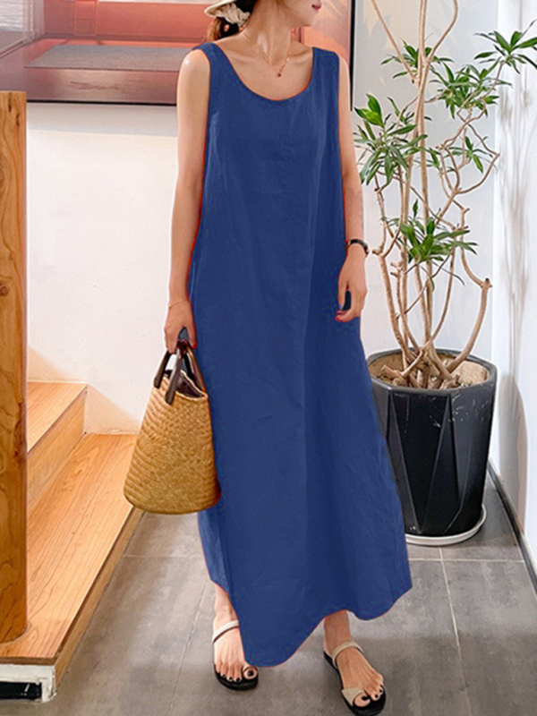 Mature Women Summer Cotton Linen Loose Pocket Round Neck Temperament Sleeveless Maxi Dress