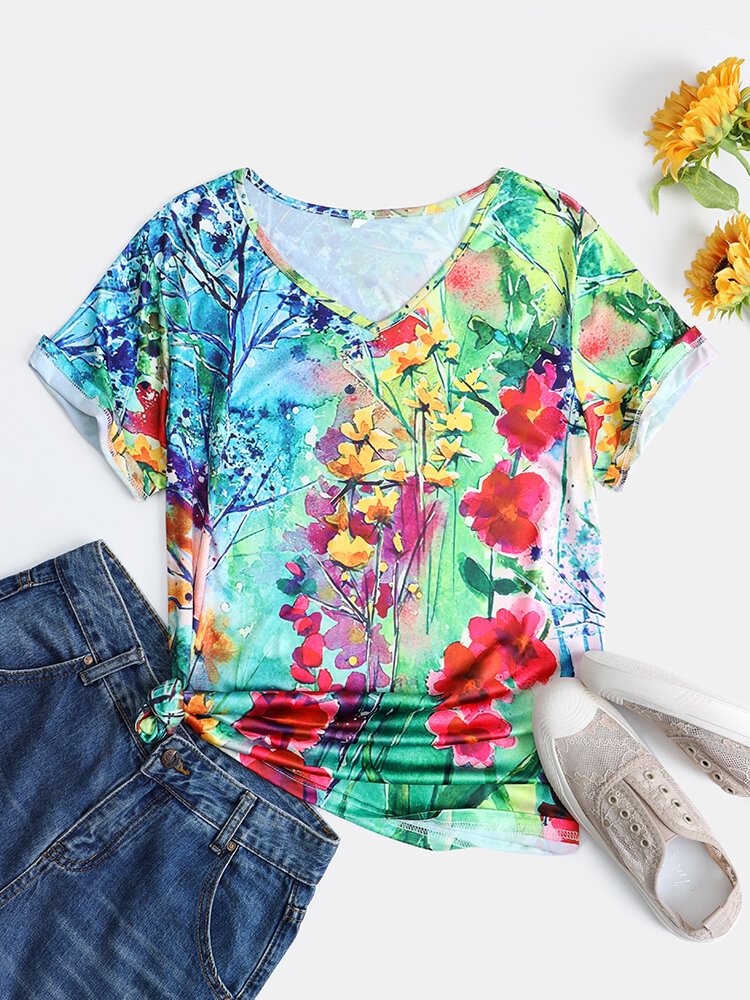 Floral Calico Print V neck Short Sleeve Casual T Shirt For Women P1799836
