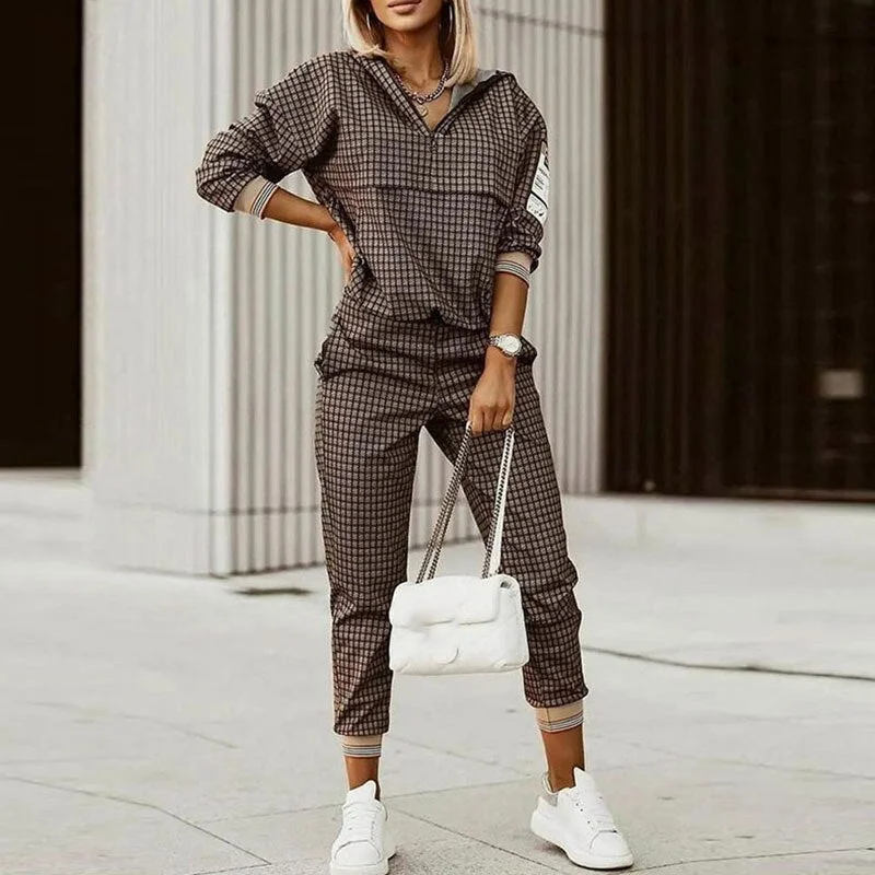 Women Spring Tracksuits Elegant Patchwork Print 2 PC Sets Long Sleeve V-Neck Pullover Top Loose Long Pants Casual Outfit Jogging