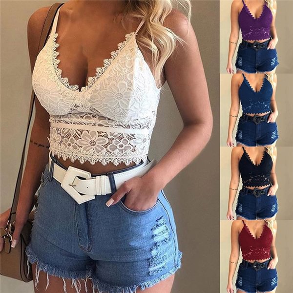 Women Fashion Lace Floral Bralette Blouses V-Neck Tank Tops Crop Top Spaghetti Strap Ladies Camisole Plus Size S-3XL - BlackFridayBuys