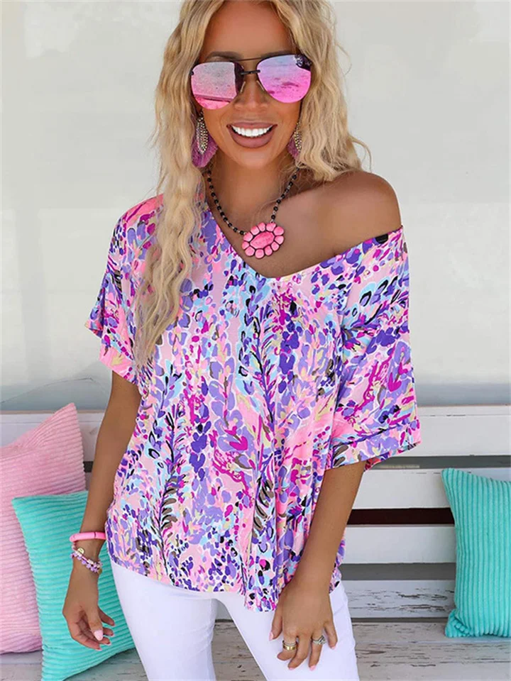 Women's Summer Slim Type New 3D Printing Short-sleeved V-neck Fresh Sweet Floral Tops T-shirt Women