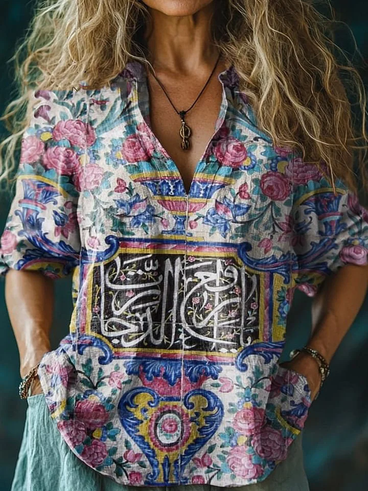Women's Retro Flowers Print Casual Linen V-neck Shirt