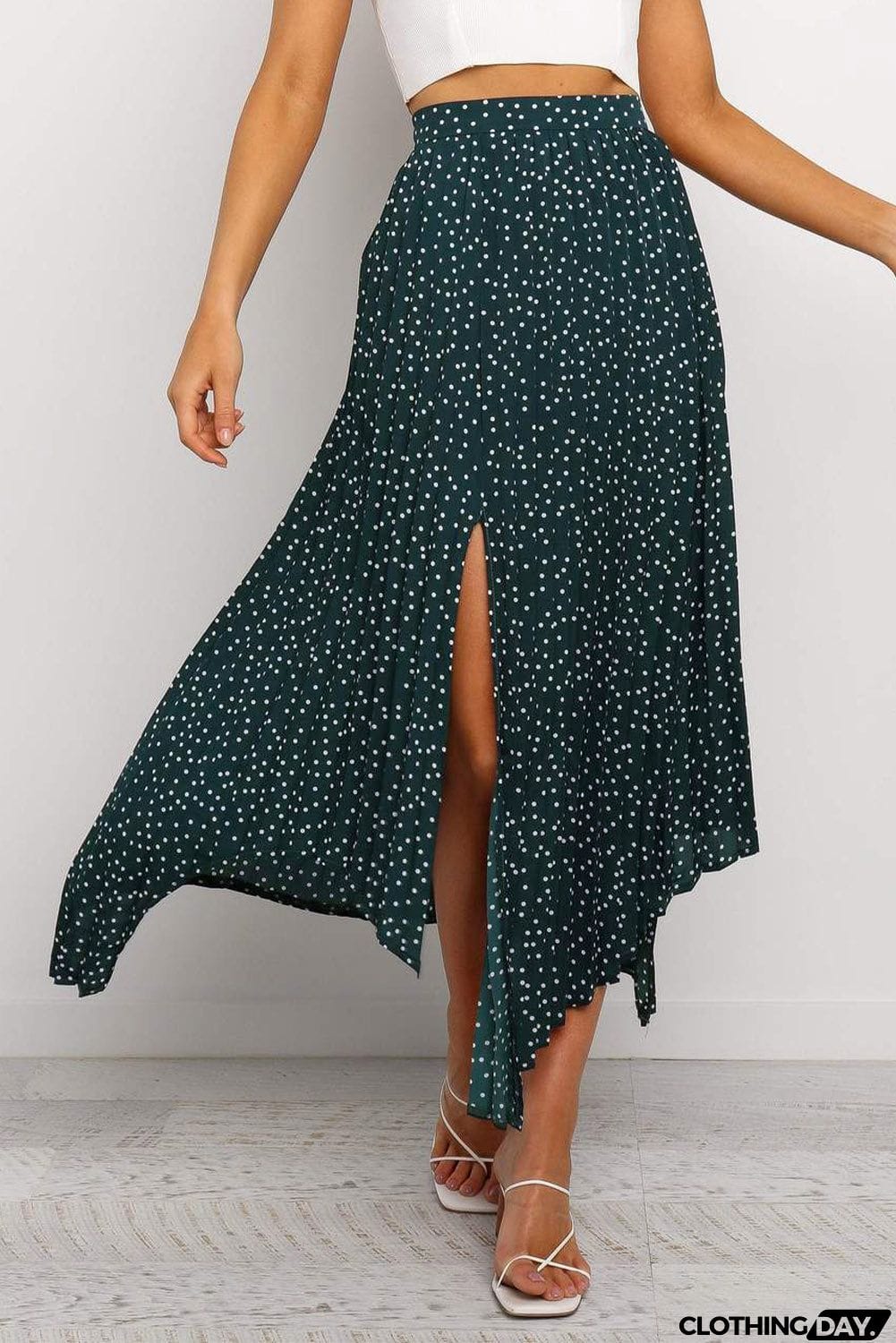 Fashion Print Side Slit Pleated Maxi Skirt