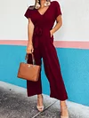 V-Neck Short Sleeve Loose Solid Color Simple Jumpsuit