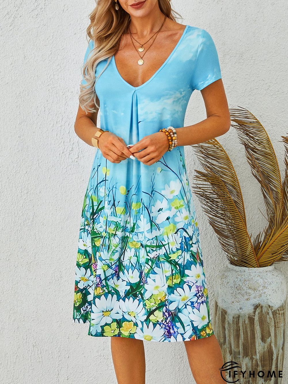 Casual Floral Loosen Short Sleeve Knit Dress | IFYHOME