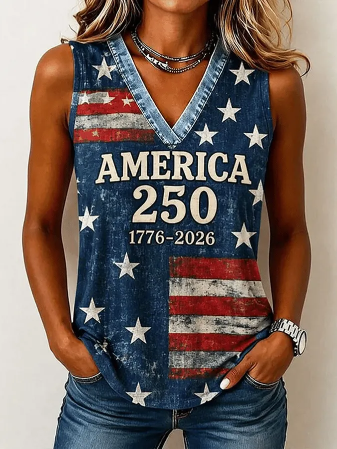 Women's 250th Anniversary  Flower Art  Print Casual V-Neck Vest 
