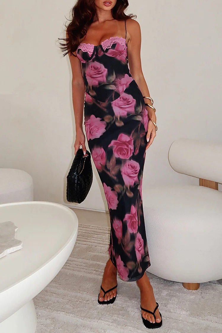Lace Trim Sweetheart Neckline Floral Print Slip Midi Dresses-Black [Pre Order]