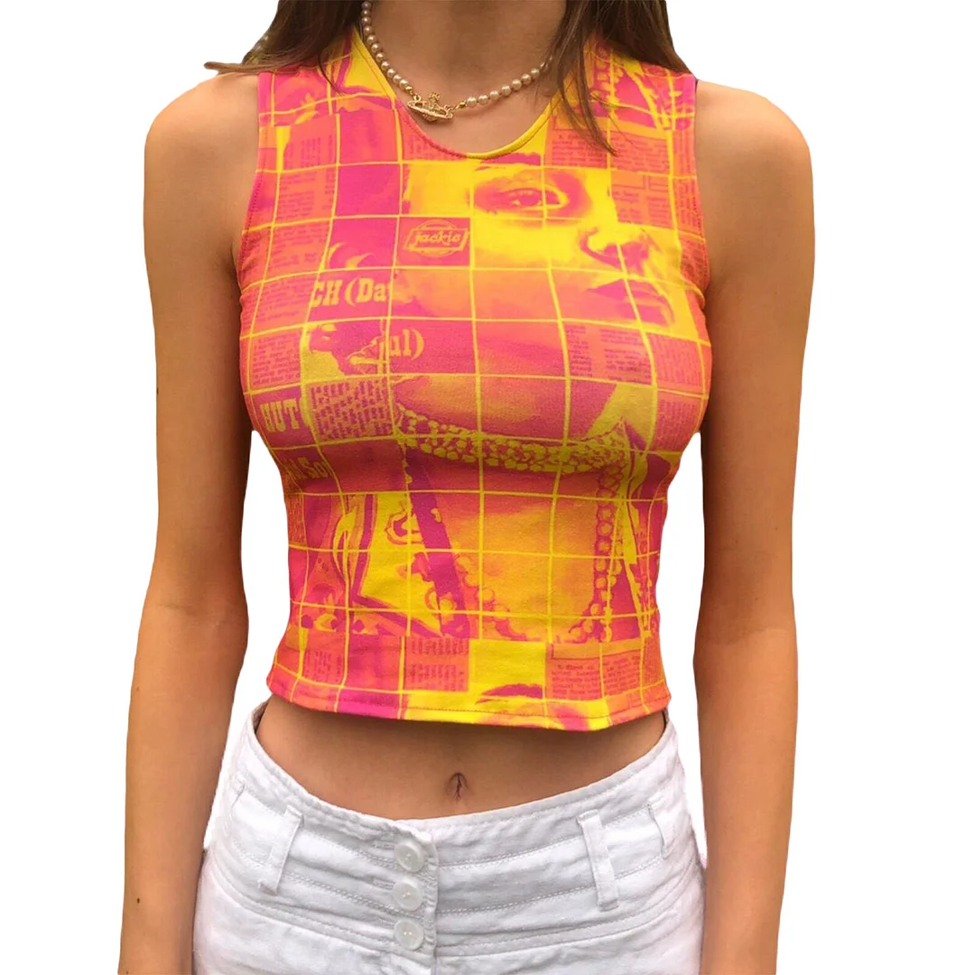 2023 Summer New  Women's Print Vest Sleeveless Round Neck Slim Fit Crop Tops Streetwear Fashion Girl's Cropped Tank Top