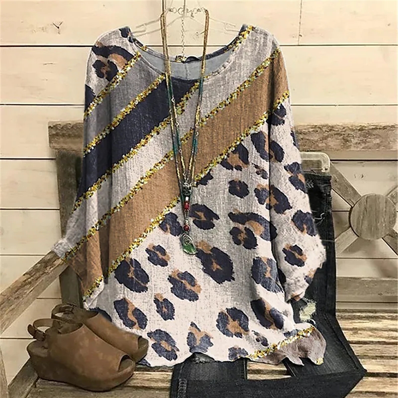 Round Collar Slim Pullover Retro Design Printing Elegant Shirts
