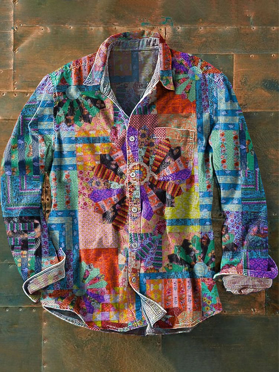 Men's Vintage Ethnic Colorful Geometric Floral Pattern Long Sleeve Pocket Shirt