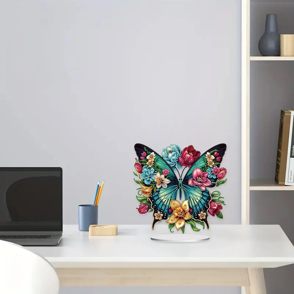 5D DIY Flower Butterfly Acrylic Single-Sided Diamond Painting Tabletop Ornament Kit for Office Desktop Decor