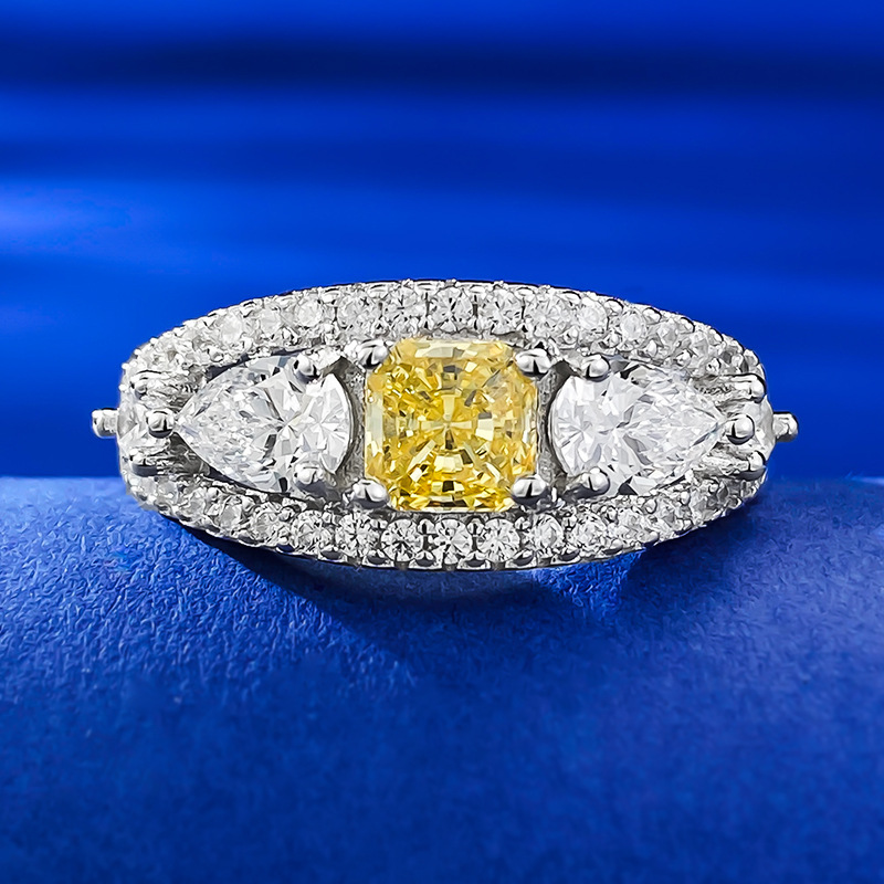 MIKAMU Jewelry S925 Silver 5*5 Ice Flower Cut Yellow Diamond Ring - Exuding Luxury and Elegance, Perfect for Daily Wear and Weddings
