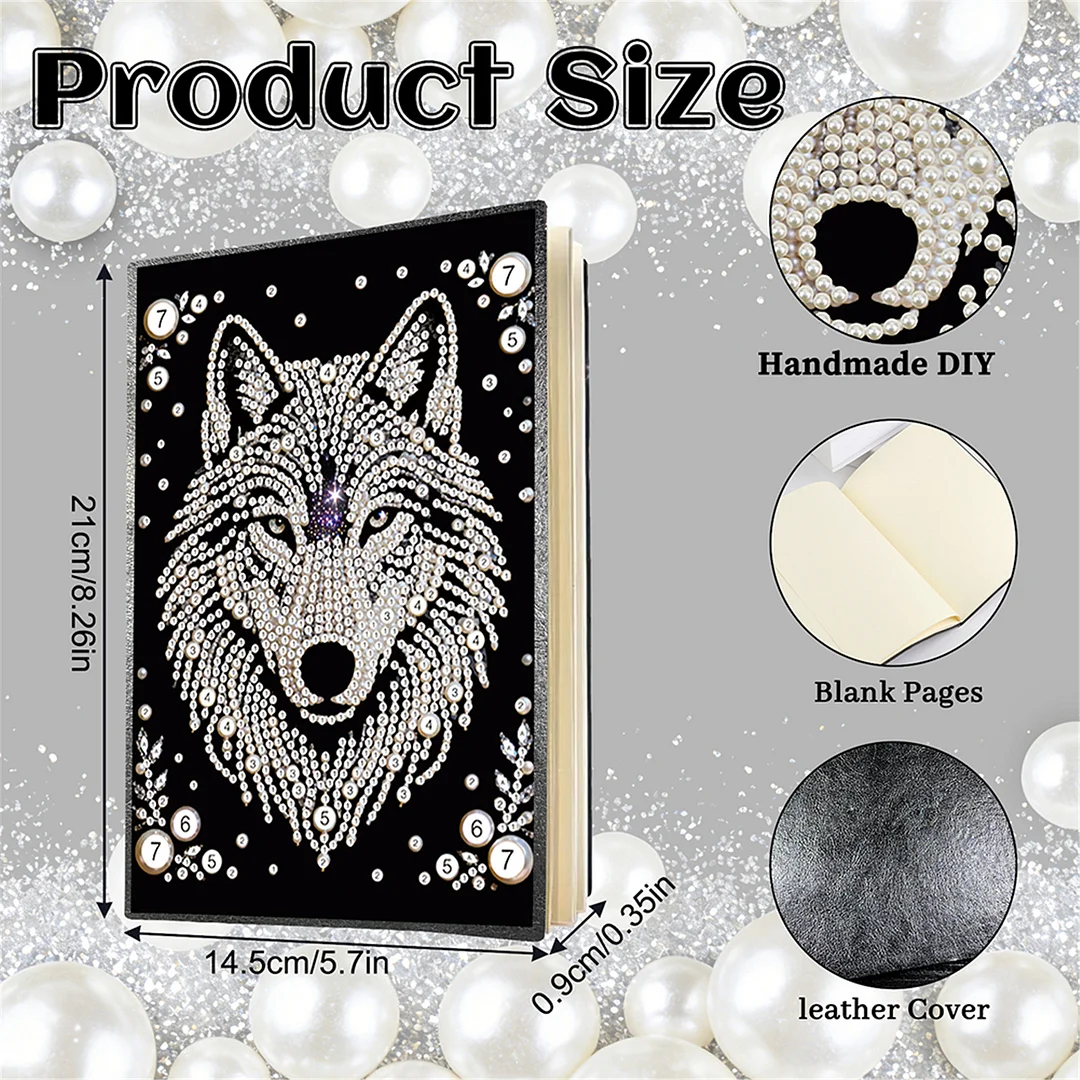 Wolves Partial Pearl DIY 50 Pages A5 Diamond Painting Notebook Special Shaped Diamond Art Diary Book Kits Wireless Strip 5D Crystal Art Paintings Sketchbook for Art Drawing