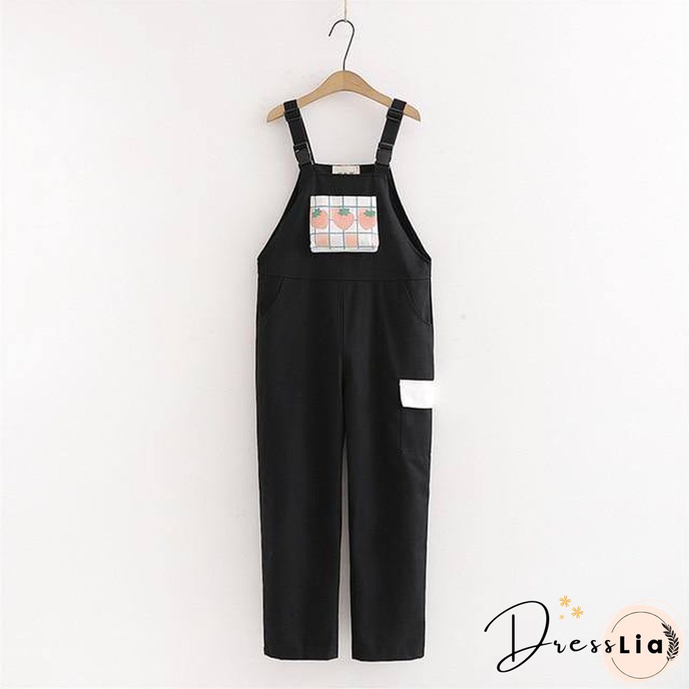 Strap pants, womens sweet plaid strawberry print casual trousers female pink overalls