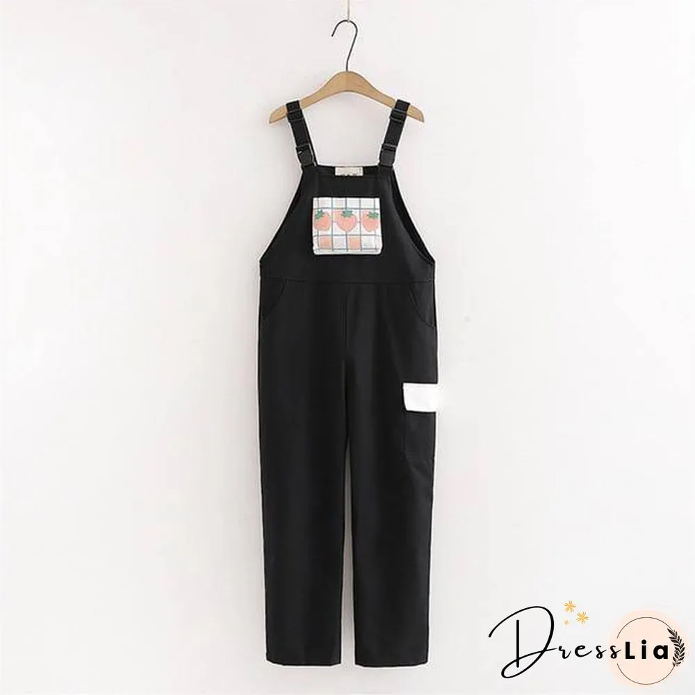 Strap pants, womens sweet plaid strawberry print casual trousers female pink overalls