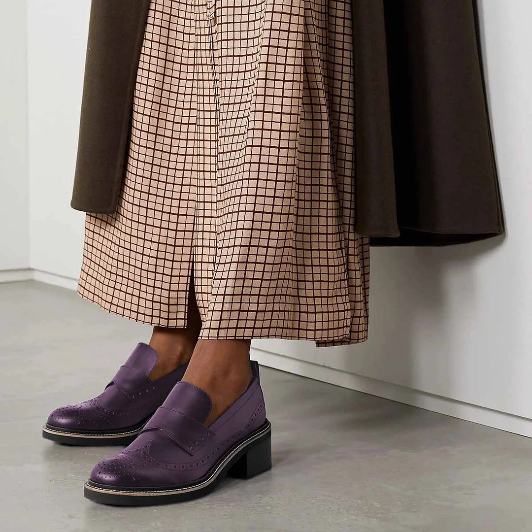 Purple Hollow Out Slip-On Round Toe Block Heel Loafer Shoes Women