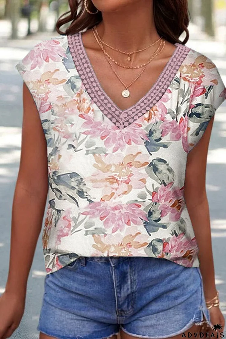 Floral Print Lace Splicing Sleeveless Blouse