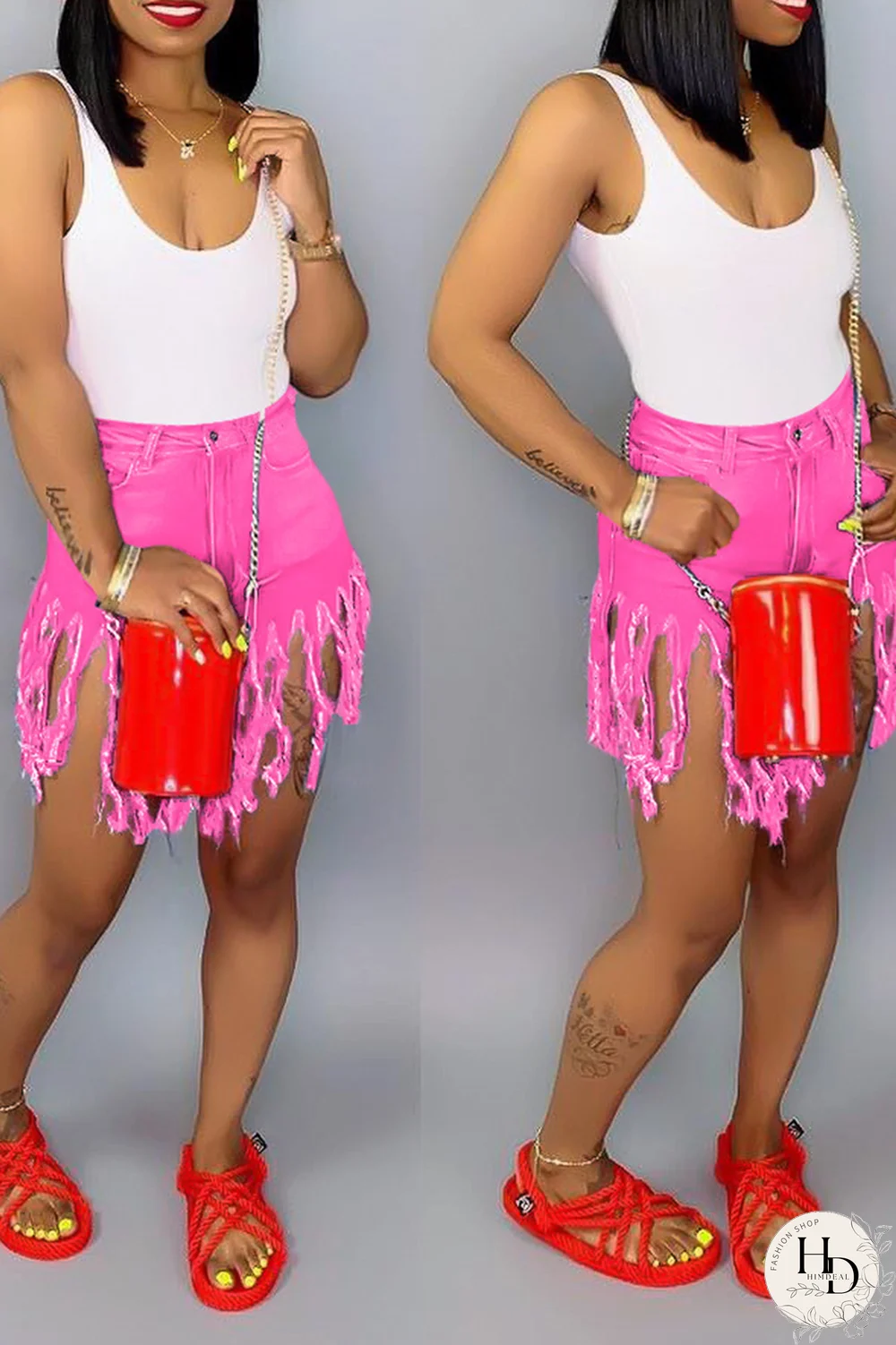 Blue Denim Button Fly Zipper Fly Mid Solid Patchwork Tassel Straight shorts