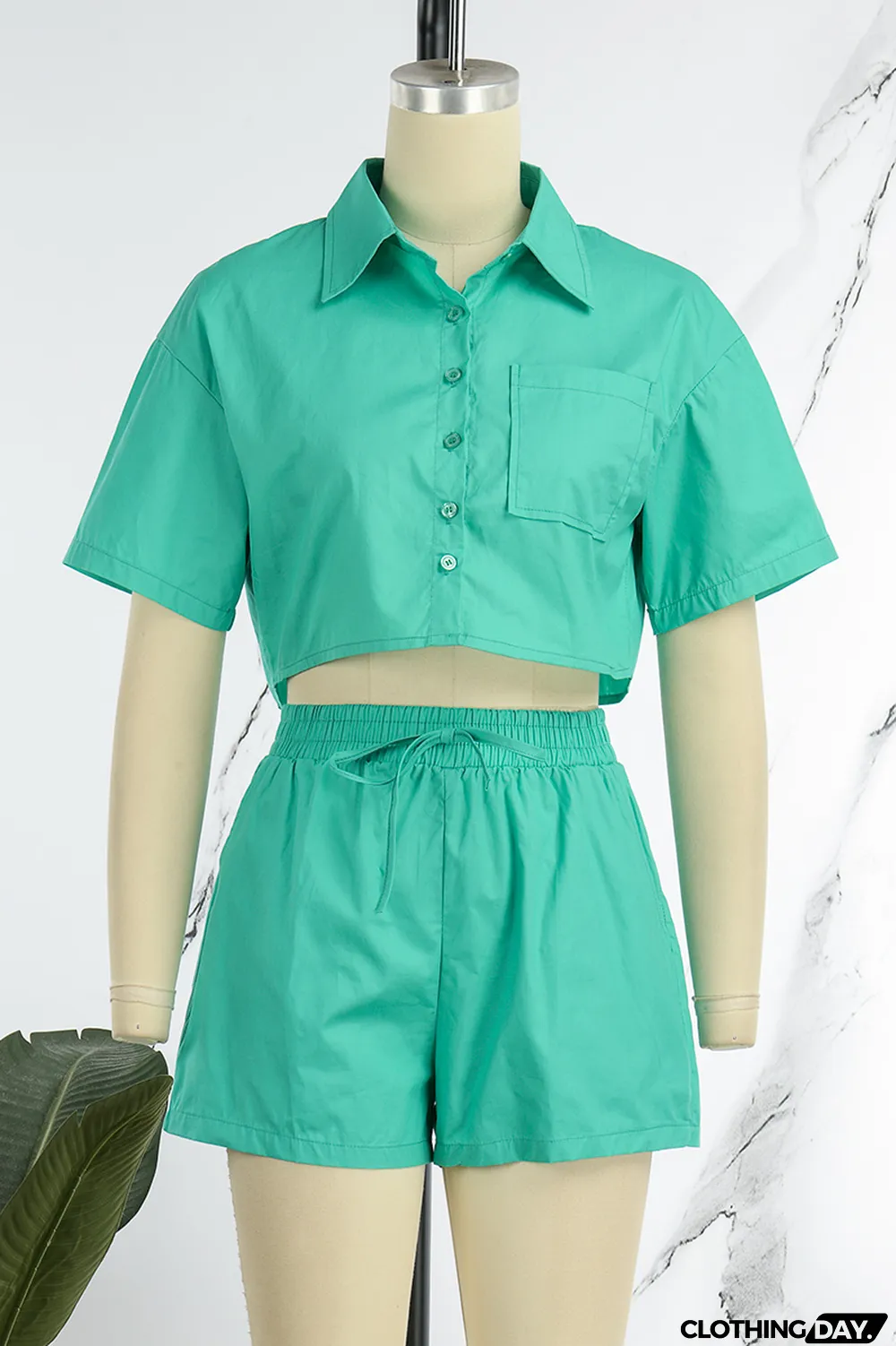 Orange Casual Solid Patchwork Buckle Turndown Collar Short Sleeve Two Pieces