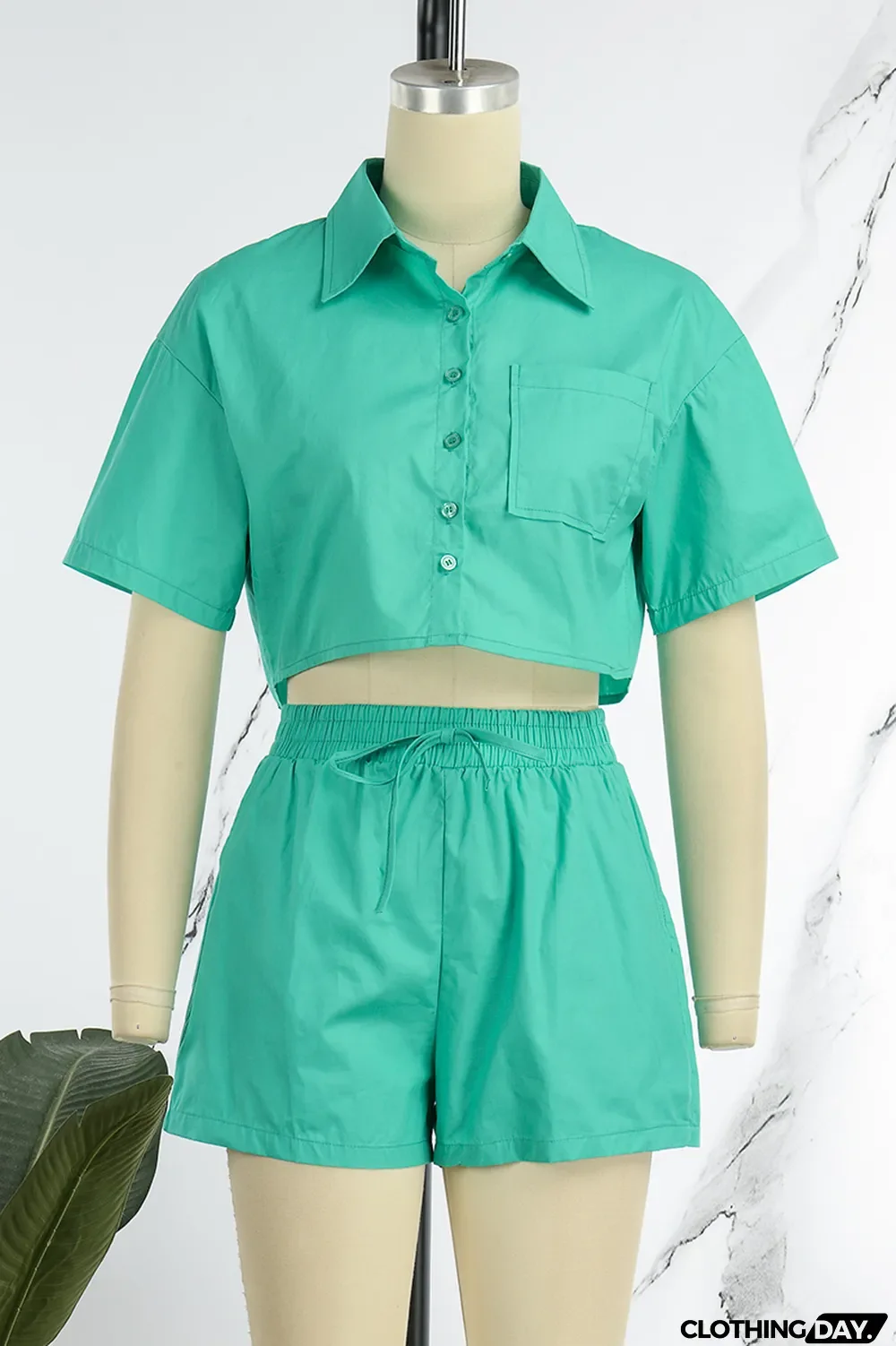 Orange Casual Solid Patchwork Buckle Turndown Collar Short Sleeve Two Pieces