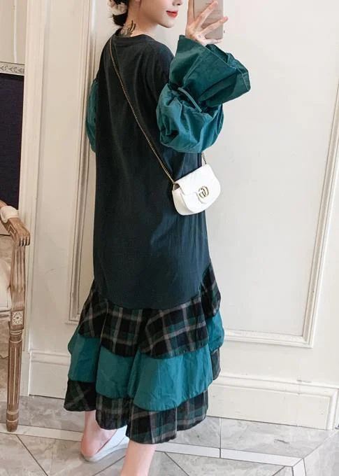 Modern O Neck Ruffles Spring Tunic Pattern Work Outfits Green Letter Plus Size Dresses