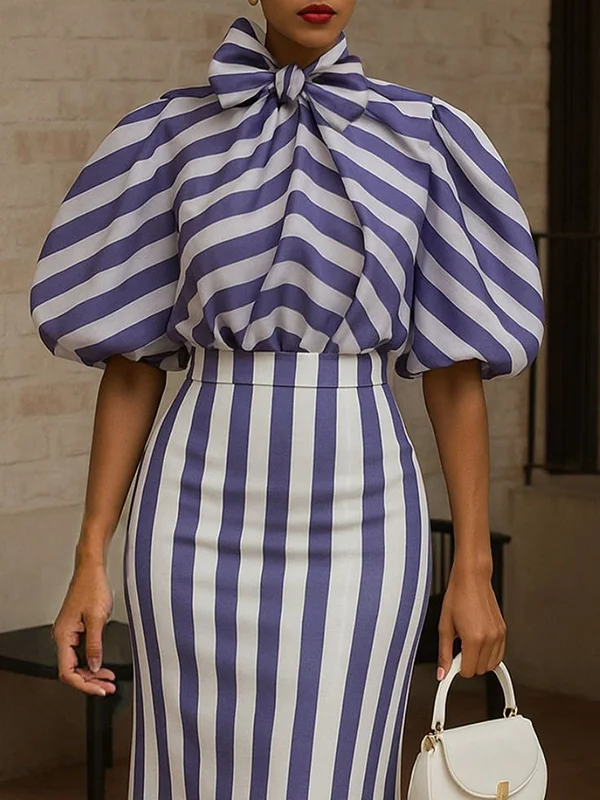Puff Sleeves Bowknot Pleated Split-Joint Striped High Neck Blouses&Shirts Tops