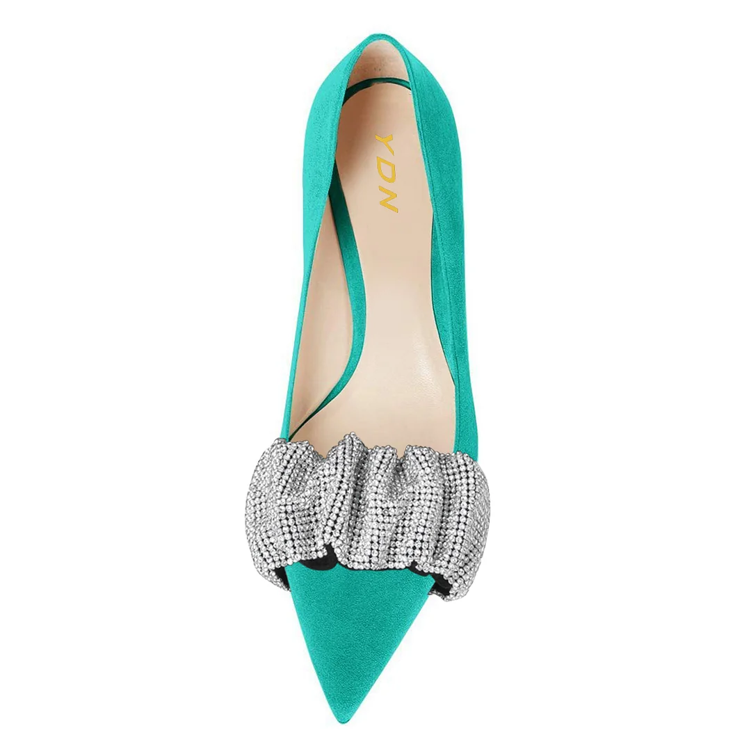 Turquoise Vegan Suede Pointed Rhinestone Embellished Pumps for Women