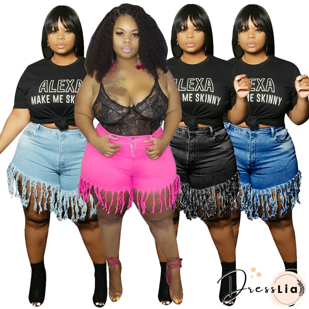 Plus Size Solid Color Autumn Fashion Women's Streetwear High Waist Tassel Jeans Denim Shorts