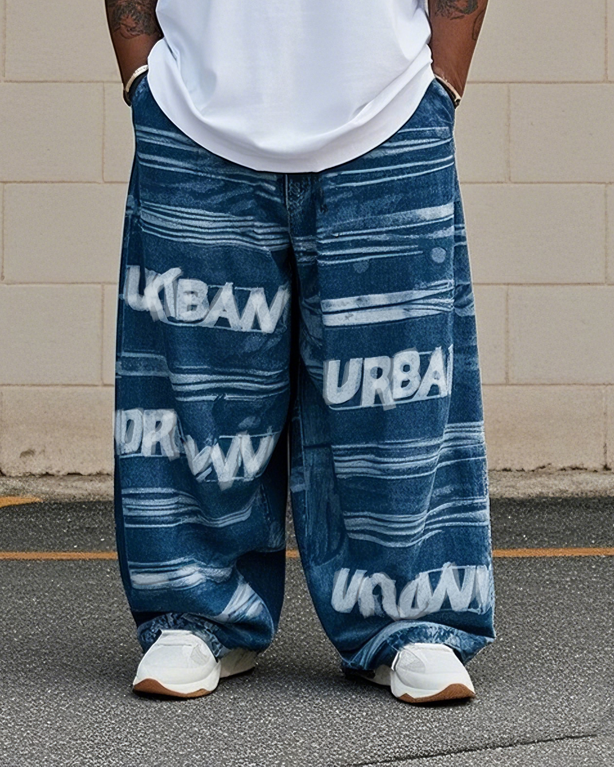 Plus Size Men's Wave English Fashion Printed Denim Pants