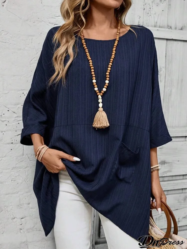 Women Holiday Casual Solid Color Batwing Sleeve Shirt