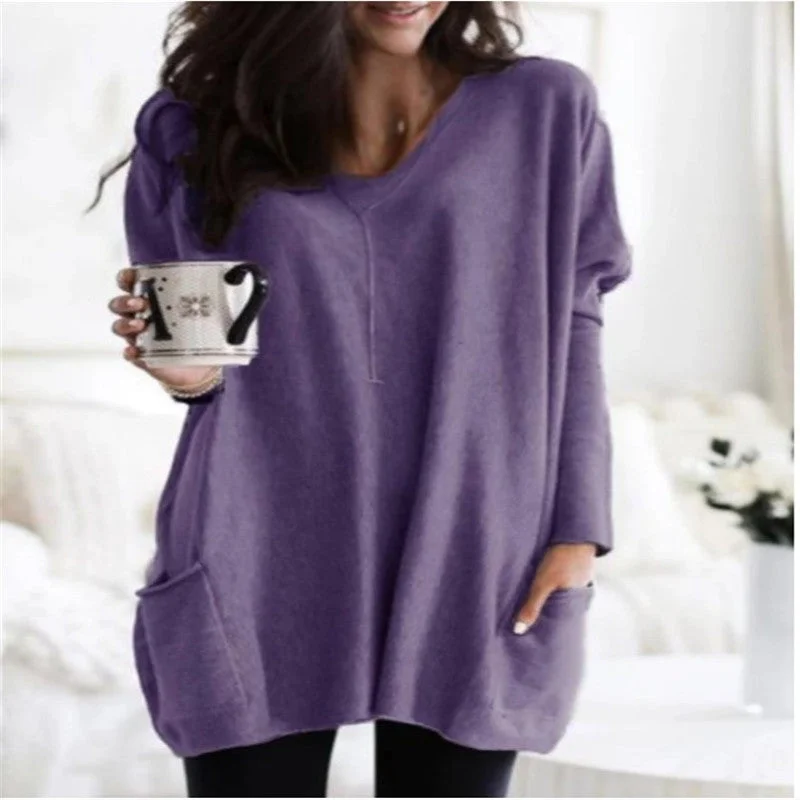 Uveng Autumn Pullover Casual Round Neck Long Sleeve Pocket T-shirt Top