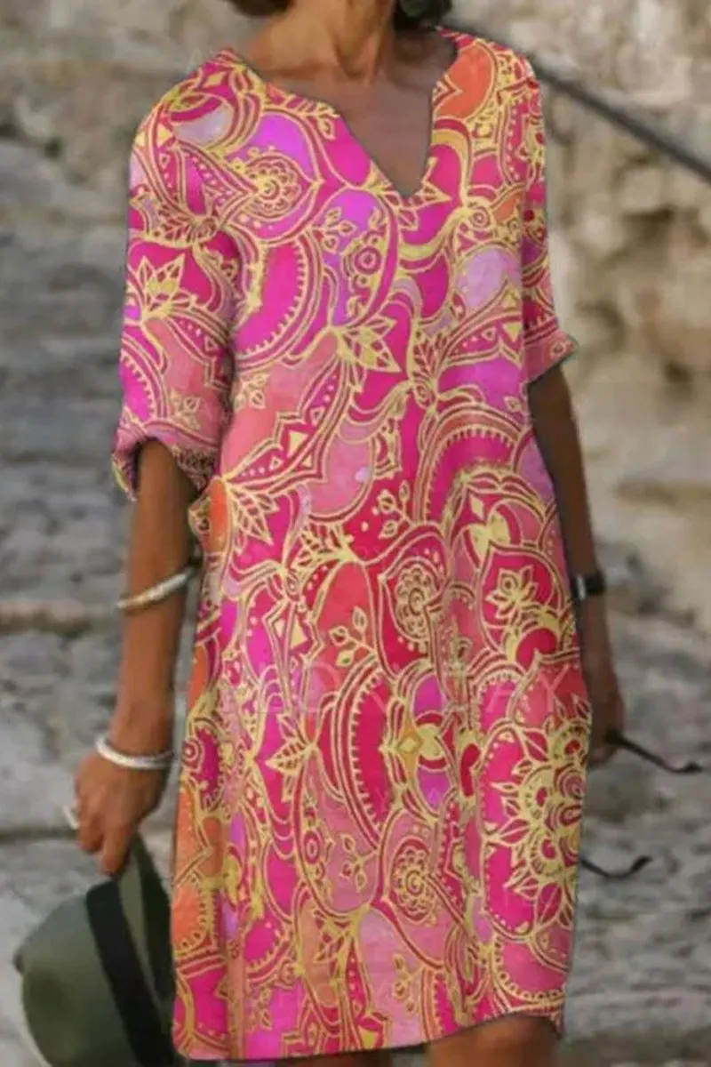 Half Sleeve V-Neck Floral Print Dress