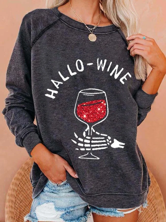 Women's Halloween Hallo Wine Print Sweatshirt